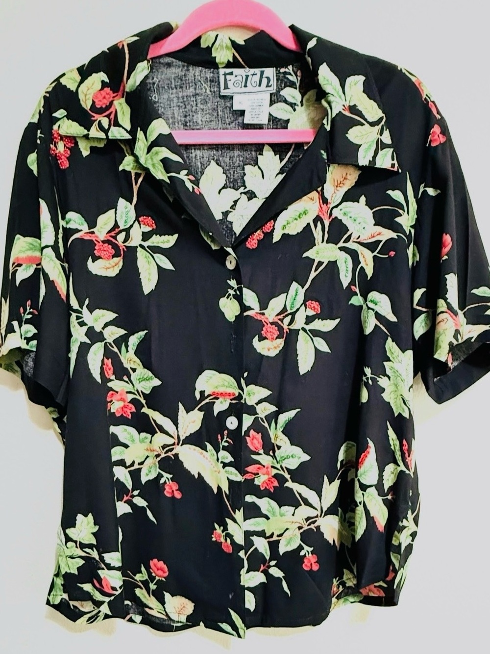 Black Floral Embroidered Beaded Sz XL Button-Front Short Sleeve Top